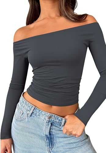 Womens Off The Shoulder Tops Long Sleeve Basic T Shirts Going Out Cute Y2K Fall Fashion 2025