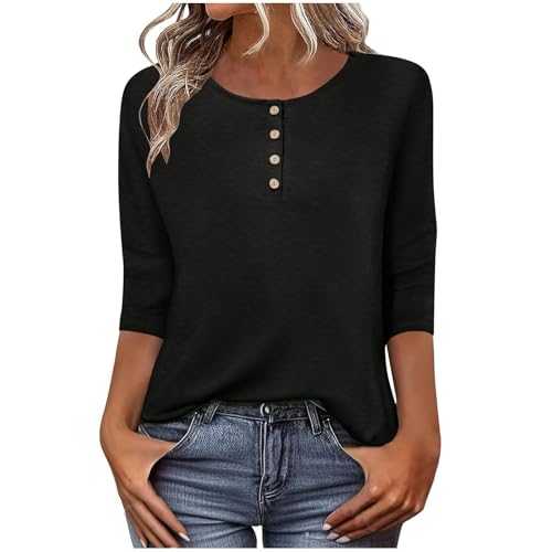 3/4 Sleeve Tops for Women UK Plain T Shirts Casual Crew Neck Button Up Henley Tunic Tops Lightweight Elegant Three Quarter Sleeve Tshirts Loose Basic Tees Ladies Top Size 8-16