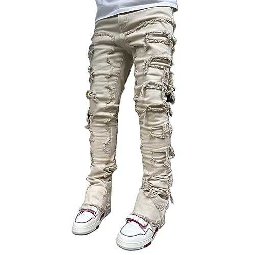 DSORVICD Men Stacked Jeans Slim Fit Ripped Distressed Jeans Destroyed Straight Denim Pants Y2k Jeans Streetwear