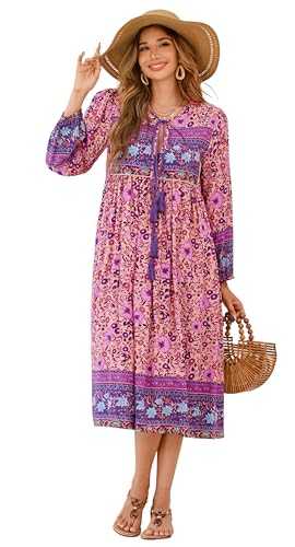 R.Vivimos Women's Casual Bohemian Print Neck Tie Long Sleeve Beach Style Long Midi Dress Vocation Dress (Small, Pink)