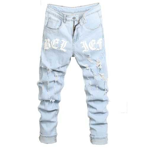 DFGIGT Mens Womens Lightweight Slim Fit Stretch Ripped Jeans Summer Spring Distressed Destroyed Denim Pan Skinny Jeans