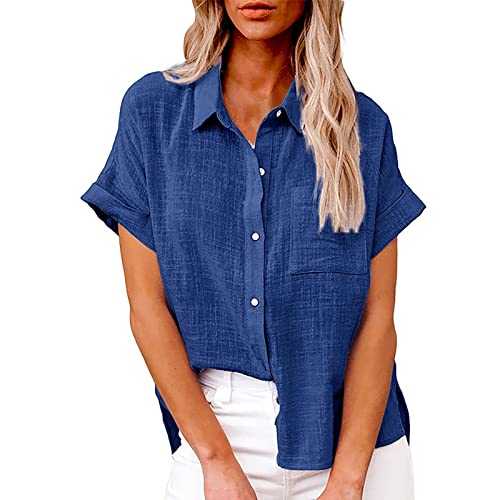 Women's Summer Solid Color Cotton and Linen Shirt with Pockets and Slit Long Sleeves Button Down Shirt Women Plus Size