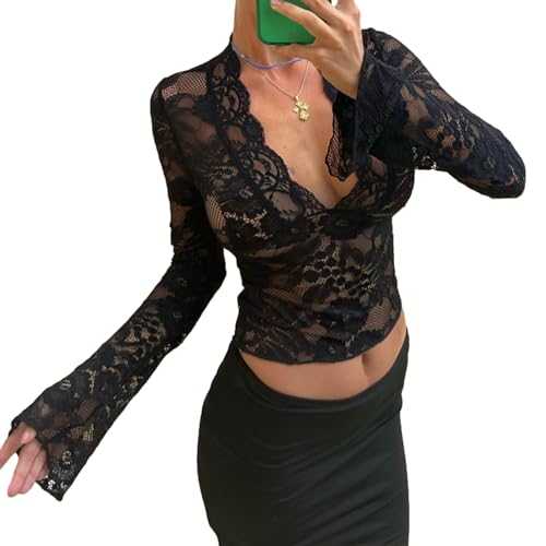 Geagodelia Women's Sexy Mesh Top Ladies Elegant See Through Lace Top Long Sleeve Shirt/Tank Top Y2k Fashion Aesthetic Clothes Clubwear Party Going Out Summer Outfit