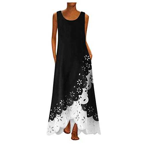 AMDOLE Women Dresses Below The Knee Sleeveless Neck Print Dress Round Long Shirt Beach Dress Maxi Women Women's Dress Women Dresses Knee Length