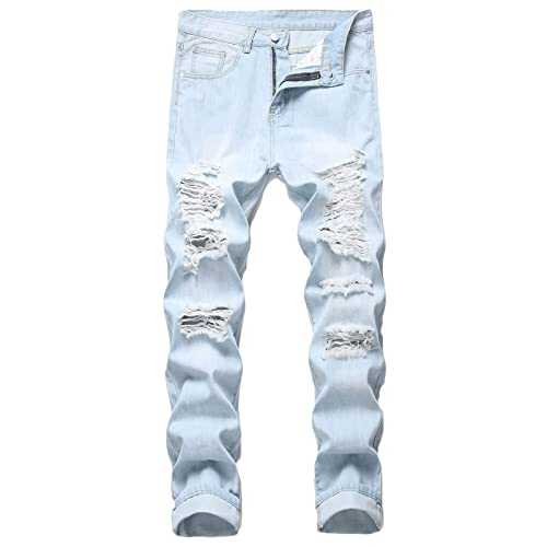 Work Trousers Men Slim Fit Motorbike Jeans for Men UK Retro Classic Ripped Jeans with Pockets Button Zipper Personality Denim Trend Jeans Regular Fit Classic Basic Denim Jeans