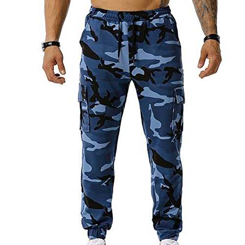 Camouflage Tracksuit Bottoms Men UK Sale Clearance Cargo Trousers Elastic Waist Drawstring Cuffed Work Pants Outdoor Hiking Camo Trousers Loose Fit Combat Trousers with Pockets