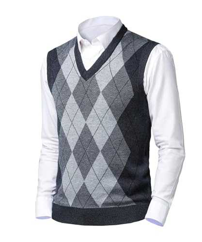 Btmpmcs Mens Knitted Sleeveless Thick Tank Top Casual V-Neck Jumper Knitted Gilets Argyle Sweater Vest Business Knitwear Waistcoat Gentleman Slipover Autumn Winter Pullover