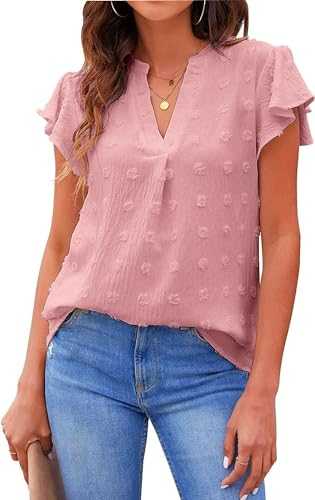Satohom Women's Casual T Shirt Chiffon Blouse, Ladies V Neck Ruffle Short Sleeve Shirts with Dot Summer Tops, Elegant Tunic Solid Blouse Lightweight Loose Fit T-Shirts for Women UK, S –L
