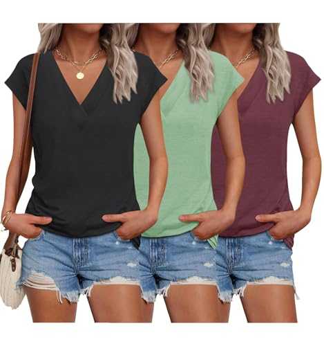 3 Pack Womens Tops V Neck Cap Sleeve T-Shirts Summer Beach Vacation Clothes 2025 Spring Casual Outfits Fashion Basic Tee