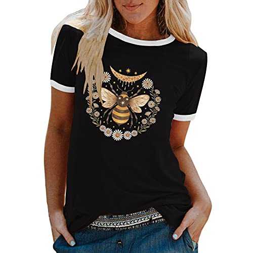 ANHATUIV Summer T Shirts Women Bee Print Tops Ladies Short Sleeve Tee Shirt Round Neck Blouses Casual Blouse Shirt Fashion Women Printed T-Shirt Short Sleeve Casual Tee Tops Blouse