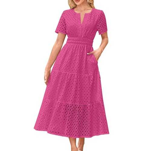 Summer Maxi Dresses for Women UK Hollow Out Eyelet Ruffle Swing A Line Long Dress with Pockets Elastic Waist Short Sleeve Tunic Dresses Boho Beach Dress Plus Size