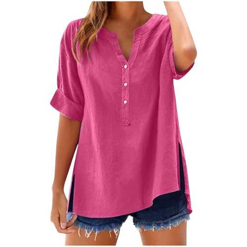 Womens Tops Cotton Linen Shirts Summer V Neck Button Up Short Sleeve Ladies Blouse T-Shirts Solid Color Work Casual Oversized Loose Blouses Daily Women Top Cloth Sale Clearance UK Plus Size