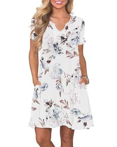 PLOKNRD Summer Dresses for Women UK Casual Pleated T-Shirt Dress Short Sleeve Loose Swing Beach Dress with Pockets