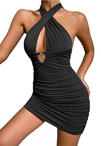 Zesoyne Womens Sexy Mini Dress Crisscross Halter Neck Bodycon Ruched Party Club Night Out Short Dresses for Lady Clubwear
