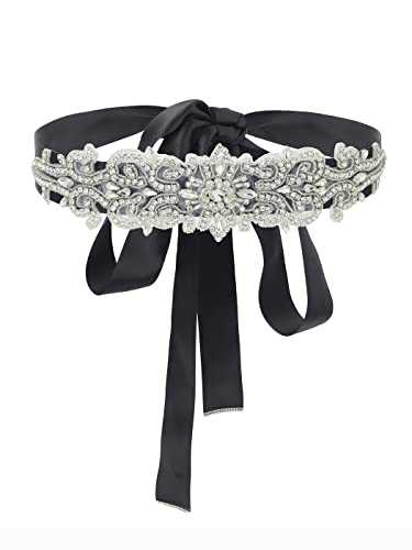 IYOU Crystal Wedding Bridal Belt Black Rhinestone Dress Belt Prom Bride Bridesmaid Sash Belts with Ribbon for Women