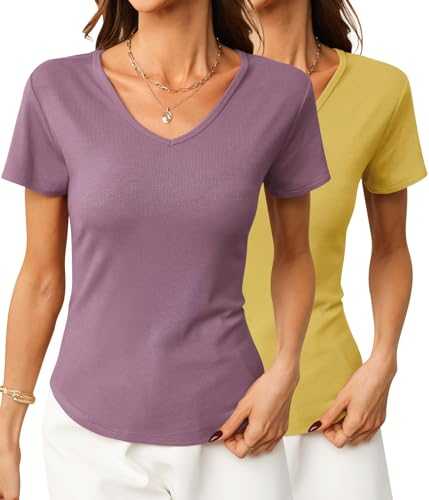 Degkim Summer V Neck T Shirts for Women Going Out Tops Casual Short Sleeve Ribbed Trendy Tops 2 Pack