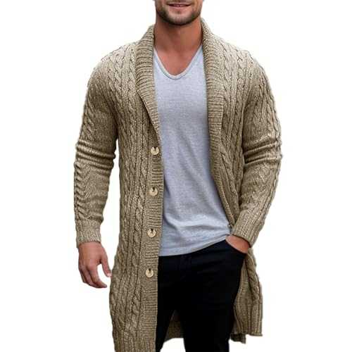 Men's Cardigan with Button Placket - Cardigan Men's Long Cotton Modern Elegant Knitted Coat Soft Wool Coat Extra Long Men's Coat Loose Fit Lapels Comfortable Cardigan Stretch Casual Top