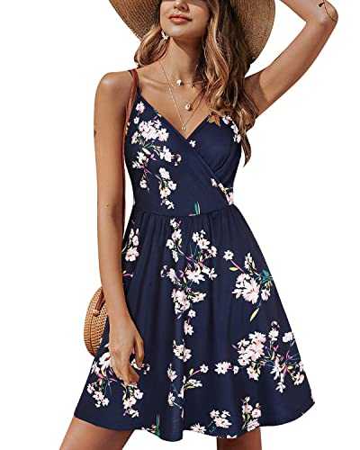 STYLEWORD Women's V Neck Floral Spaghetti Strap Summer Dress Casual Swing Midi Sundress with Pockets