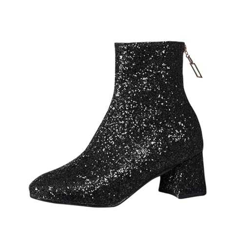 Women's Ankle Boots Sale Solid Zipper Booties Square Toe Chunky Heel Boots Ladies Shoes Winter Boots for Women Shine Silver Booties Cowboy Boots for Ladies Working Booties Plus Size 3-7