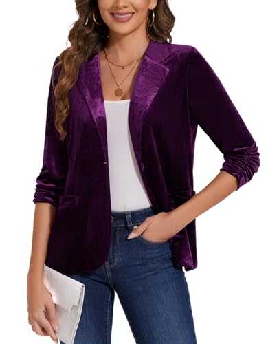 MINTLIMIT Retro Vintage Velvet Cardigan Half Lined Blazers Suit for Ladies 3/4 Ruched Sleeve Notch Lapel Neck Womens Elegant Dressy Jacket with Button & Pockets Weddings Formal Events
