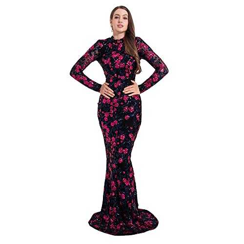 Floral Sequin Formal Prom Dress Long Sleeve High O Neck Party Dress Black