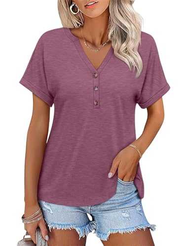 TICTICMISS Womens Short Sleeve Shirts V Neck Summer Tops Casual T Shirts Basic Buttons Tees Loose