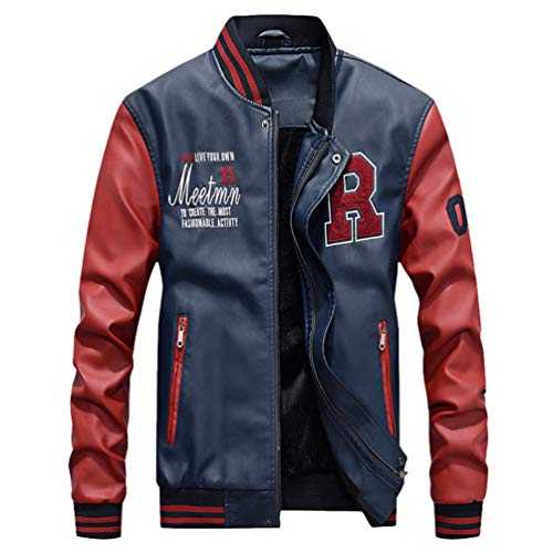 YuanDian Men's Faux Leather Baseball College Jacket Autumn Winter Casual Stand-Up Collar Embroidery Vintage Bomber Pilot Jacket Coats Aviator Jacket Blouson Faux Leather