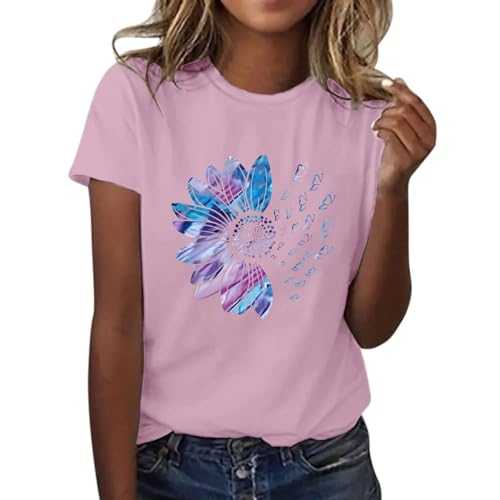 Summer Tops for Women UK 2025 Casual Print Short Sleeve Tops Crew Neck Blouse and Shirts Loose Fit Women T-Shirts Fashion Elegant Tunic Shirts Lightweight Breathe Summer Blouses Sunflower Print Tops