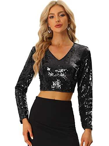 Allegra K Sequin Crop Top for Women Long Sleeve V Neck Sparkly Shiny Party Blouse Shirt