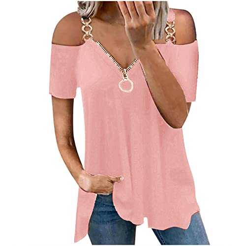 AMhomely Cold Shoulder Tops Shirt for Women Leopard Print Cut Out Off-Shoulder Tshirt Sexy V Neck Zip Short Sleeve Tunic Blouse