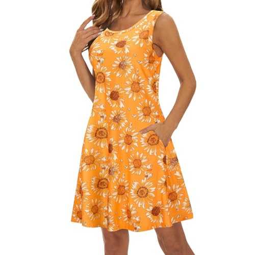 AMDOLE Beach Dresses for Women UK Spring Summer Loose Casual Round Neck Camisole Sleeveless Vest Pocket Dress Swimsuit Beach Cover Up Fancy Dress for Adults Women