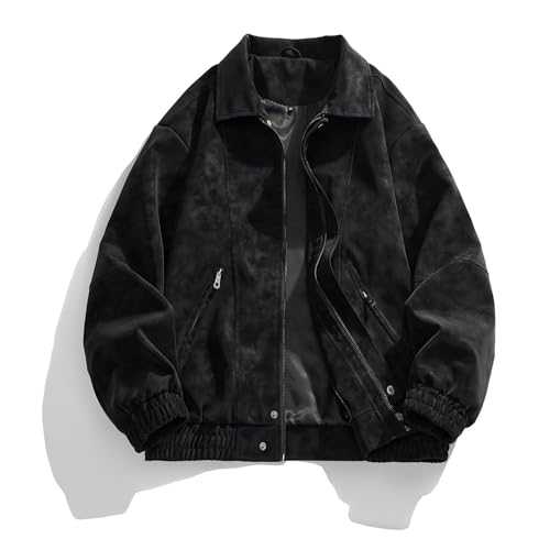 Dipucool Men's Faux Suede Bomber Jacket Lightweight Full Zip Jackets Vintage Casual Trucker Jacket