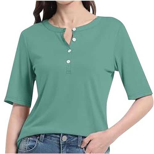 AMhomely Tops & T-Shirts Button Up Tops for Women UK Plus Size Summer Tees Shirts Solid V Neck Tunic Tops Pullover Shirts Elegant Party T Shirts Holiday Vacation Tees Shirts Going Out
