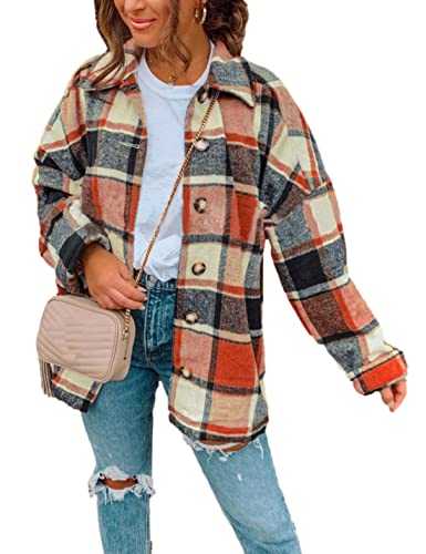 Zontroldy Casual Long Plaid Shirts Shacket Jacket Button Down Long Sleeve Shirts Trench Coats for Women