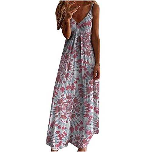 AMhomely Women Dresses Sale Clearance Fashion Ladies Summer V-Neck Casual Printing Loose Sleeveless Loose Long Dress Party Elegant Dresses UK S-SXL