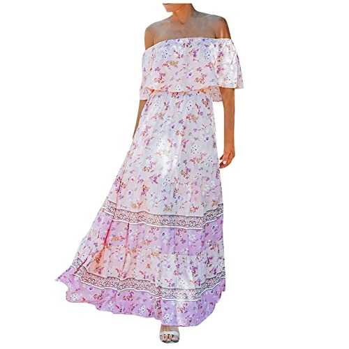 Summer Dresses for Women Bohemian Maxi Dresses Strapless Bandeau for Women Summer Boho Floral Printed Elasticity Tube Tops Casual Sexy Off Shoulder Short Sleeve Holiday Beach Party Maxi Dress