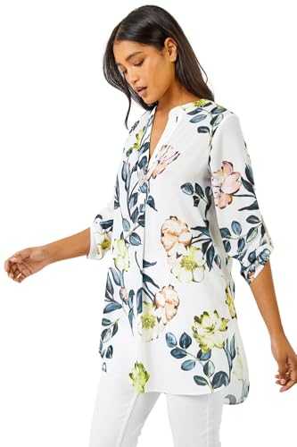 Roman Originals Shirt For Women UK Ladies Longline Top Collarless Blouse Smart Tunic Casual Evening Relaxed Fit 3/4 Length Sleeve Notch V Neck Long Tee