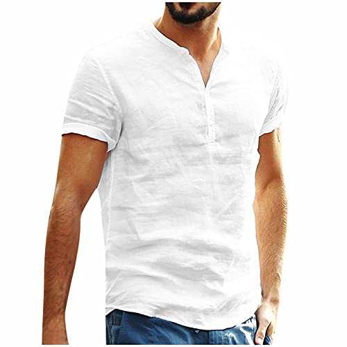 NSYWBZB Short Sleeve Linen Shirts Mens V-Neck Henley Shirts Summer Beach Shirt Solid Color Cotton Grandad Shirt Casual Button Down Holiday Shirts Loose Yoga Tops