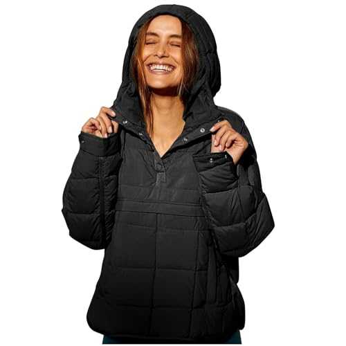 Women's Quilted Pullover 4/1 V Collar Button Long Sleeve Down Jacket Oversized Fashion Hoodie Coat Winter Warm and Lightweight Outerwear with Pocket