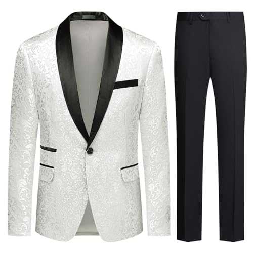 Allthemen Mens 2 Piece Jacquard Suit One Button Tuxedo Slim Fit Shawl Collar Dress Suits