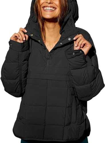 ELizoop Women's Oversized Hooded Puffer Jacket Quilted Lightweight Long Sleeve Coat Winter Warm Padded Pullover