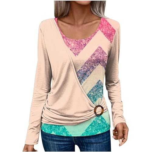 AMhomely Tops for Women UK Going Out Ladies Long Sleeve Wrap Top Vintage Wave Pattern Tunic Tops Crewneck Patchwork Casual T Shirts Loose Classic Printed Shirts Blouse Holiday Party Tops