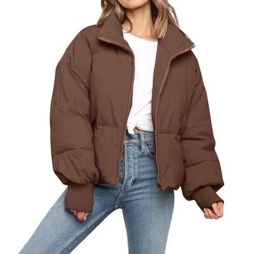 Women’s Winter Cropped Puffer Jacket Coat Casual Quilted Baggy Long Sleeve Zip Down Jackets Outerwear