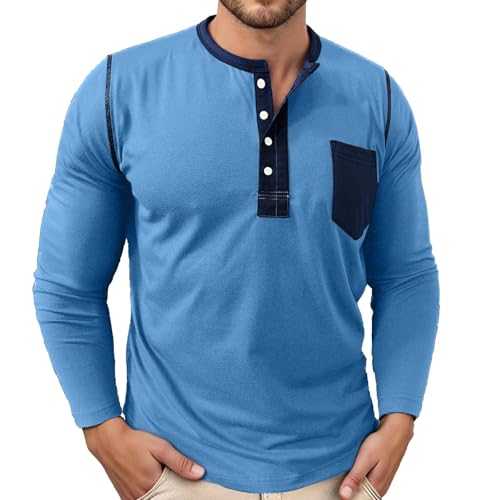 Long Sleeve Casual Shirt Men's Baggy V-Neck T-Shirt Henley Long Sleeve Shirt Multicoloured Business Shirt with Chest Pocket Fashionable Casual Sports Shirt Undershirts Lightweight Running Shirt