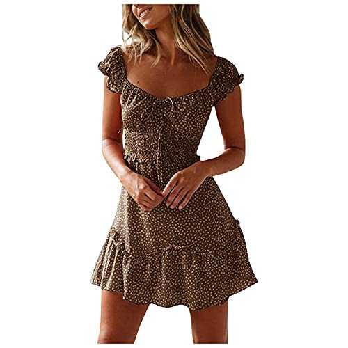 Women Summer Dresses UK Casual Ruffle Short Sleeve Sweetheart Neckline Sundress High Waist Floral Print Wrap Boho Dress Elegant Swing Holiday Beach Dress Ladies Wedding Guest Dresses UK