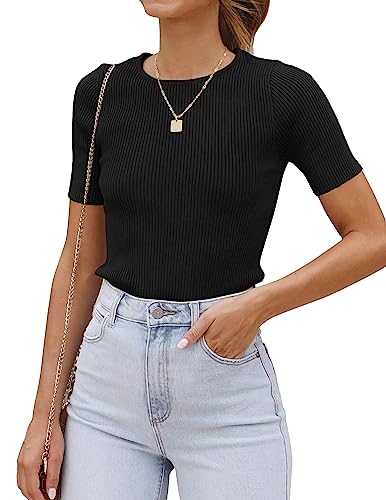 Cuptacc T-Shirt Women's Short Sleeve Crew Neck Slim Fit Knitted Plain Tops Summer Basic Shirts