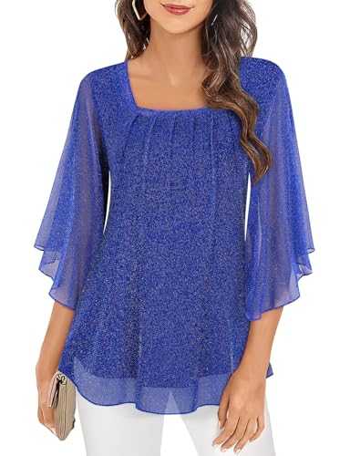 Flikity Womens Blouses Ladies 3/4 Ruffle Sleeve Tops Floral Pleats Front Flowy Tunic Tops Loose Trendy Spring Summer Autumn Clothes M-3XL