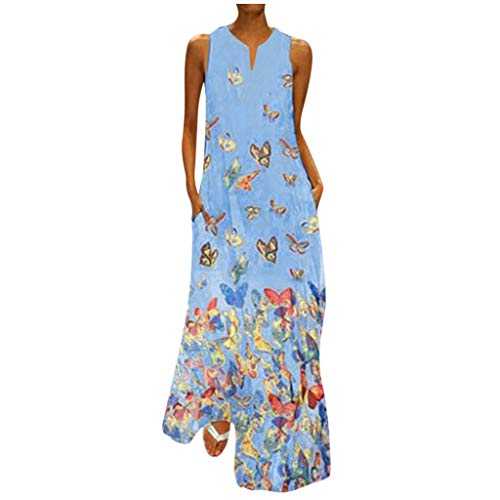 Summer Casual Dresses for Women UK Vintage Print Sleeveless V Neck Maxi Dress Plus Size Daily Fashion Boho Dress