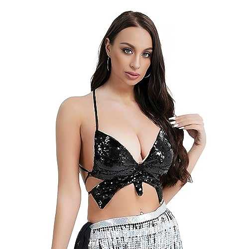 NICEYEA Womens Bling Glitter Sequin Butterfly Crop Top Low-Cut Tank Top Rave Tube Vest Top for Belly Dance Costume Outfits