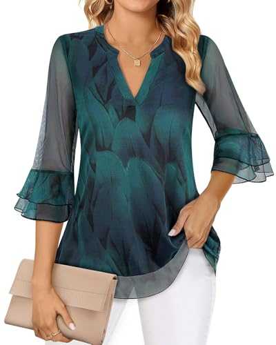 Akiooue Ladies Blouses 3/4 Bell Sleeve Tunic Tops Casual Dressy V Neck Double Layered Chiffon Work Blouse Shirts S-3XL